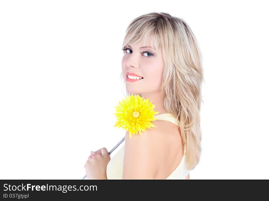 Beautiful woman with blond hair over white background