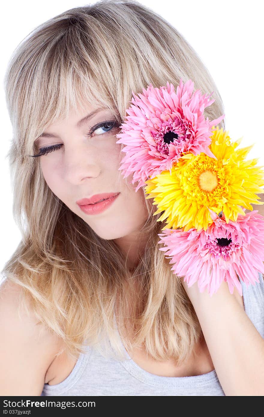 Beautiful woman with blond hair over white background