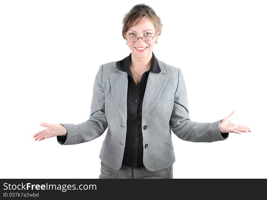 Smiling business woman presenting. Isolated over white background. Smiling business woman presenting. Isolated over white background