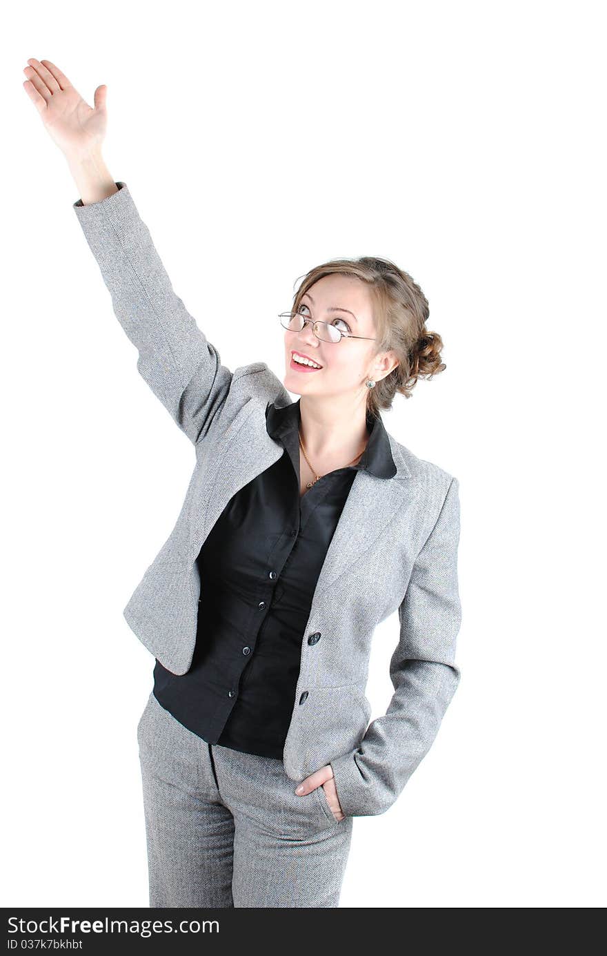 Smiling business woman presenting. Isolated over white background. Smiling business woman presenting. Isolated over white background