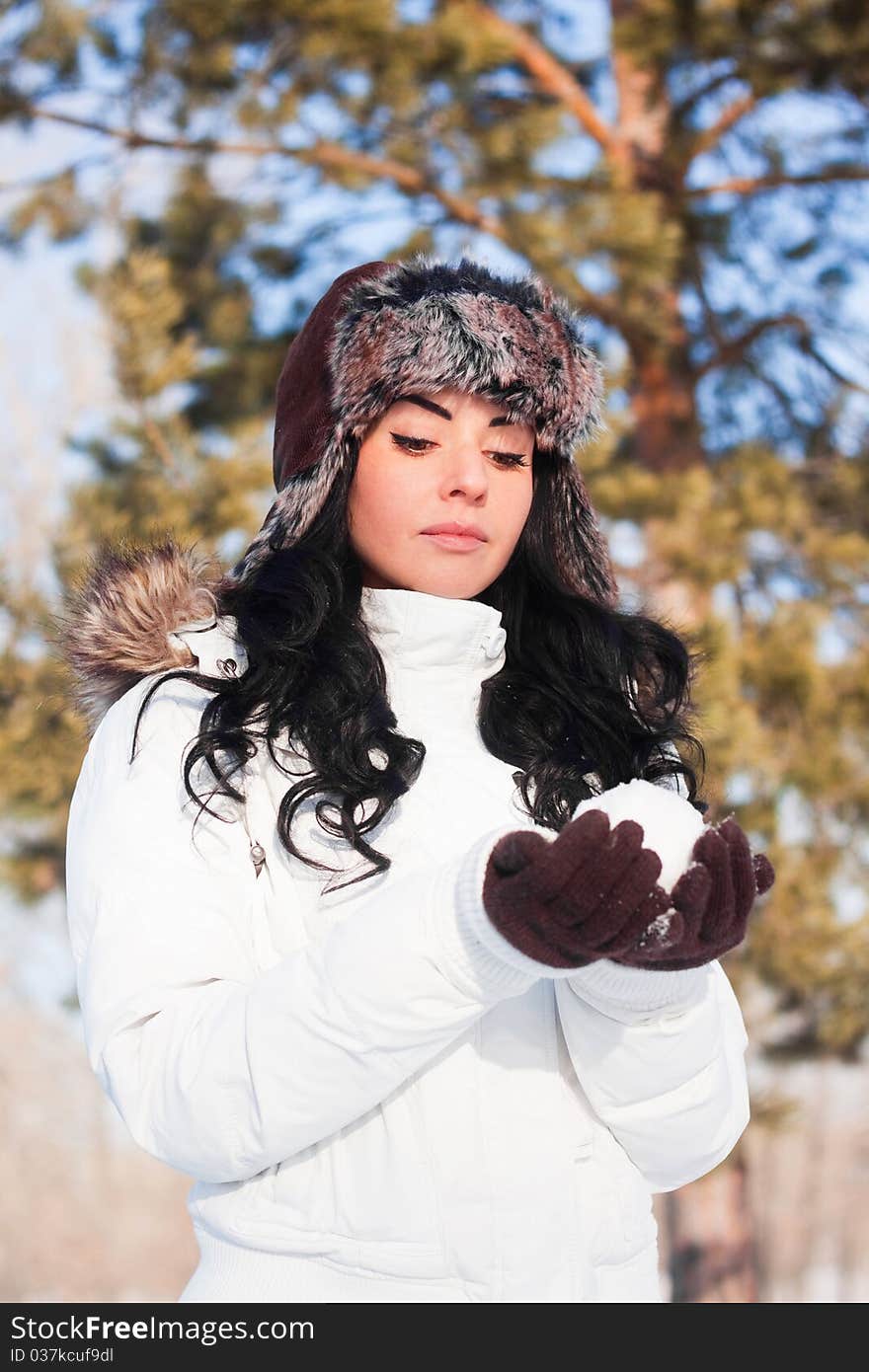 Beautiful Girl On A Walk In A Winter Park,