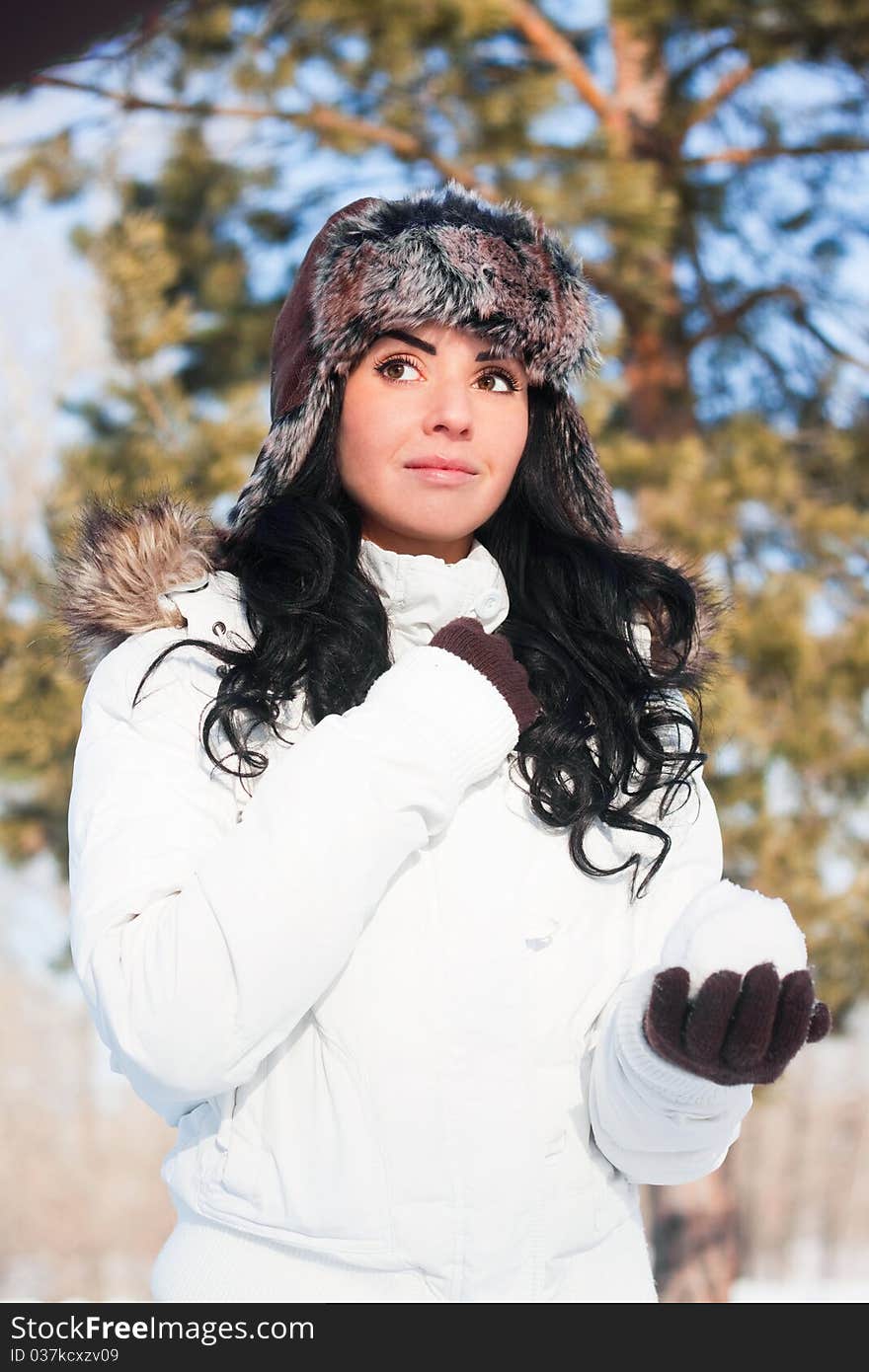 Beautiful Girl On A Walk In A Winter Park,