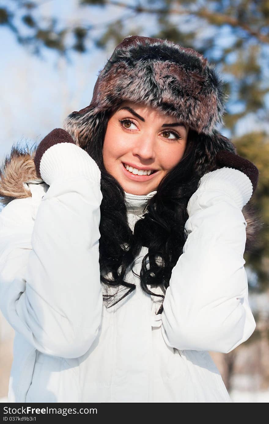 Beautiful Girl On A Walk In A Winter Park,