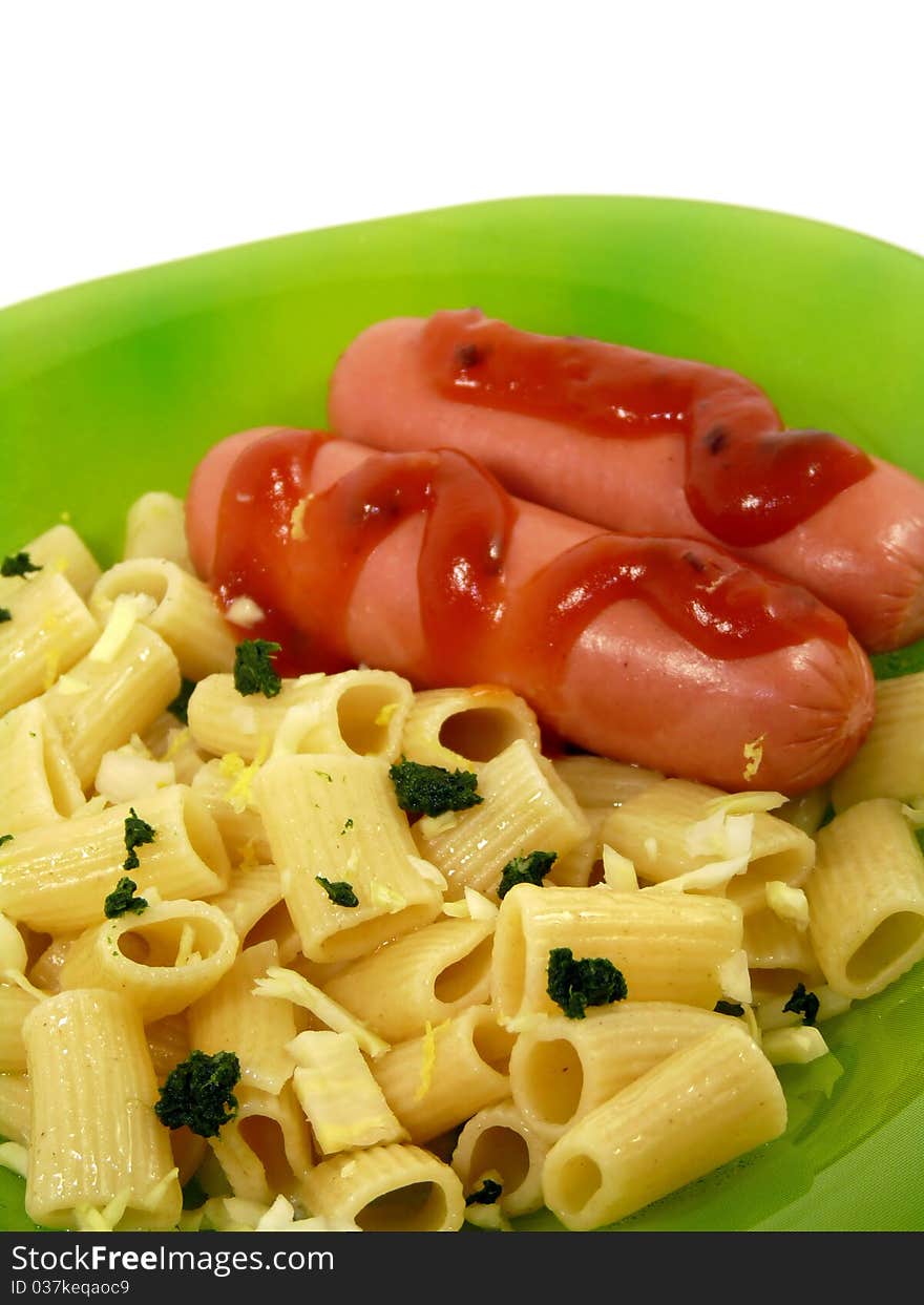 Delicious sausage with pasta isolated