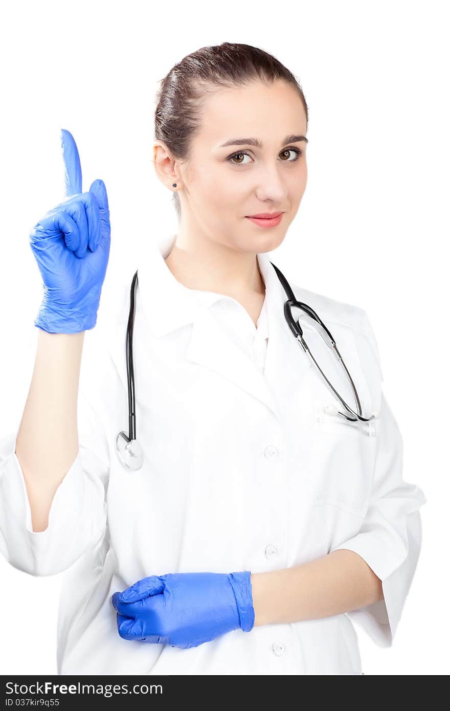 Young working beautiful woman doctor in uniform