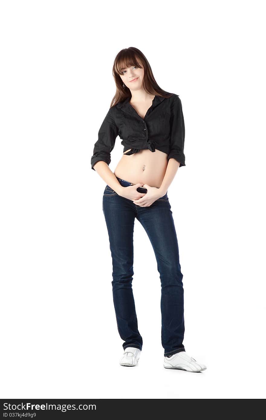 Casual girl standing up over a white background. Casual girl standing up over a white background