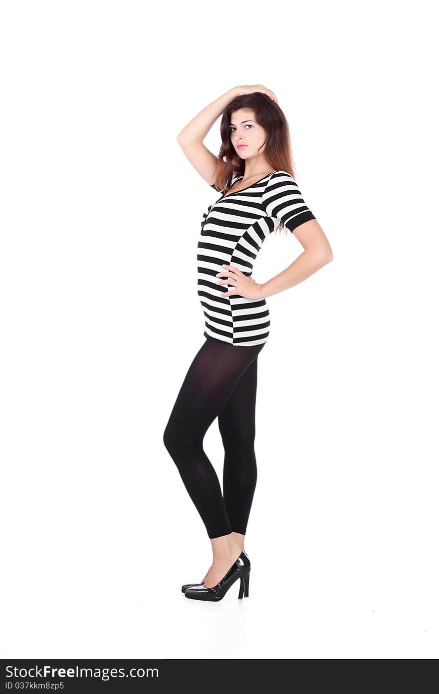 Beauty girl in t-shirt from material in white stripes on white background