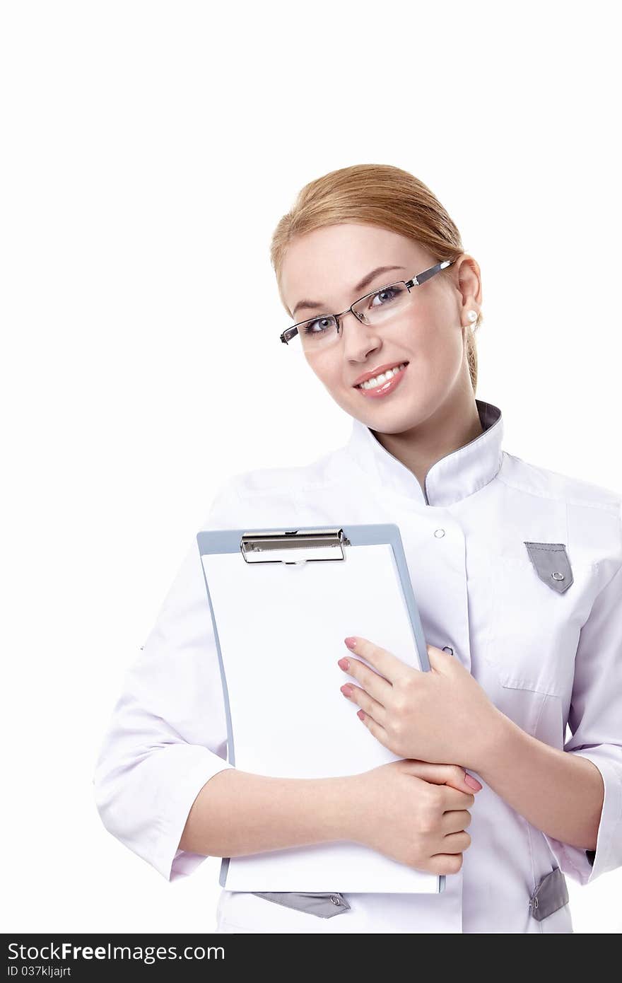 Attractive doctor with a clipboard on a white background. Attractive doctor with a clipboard on a white background