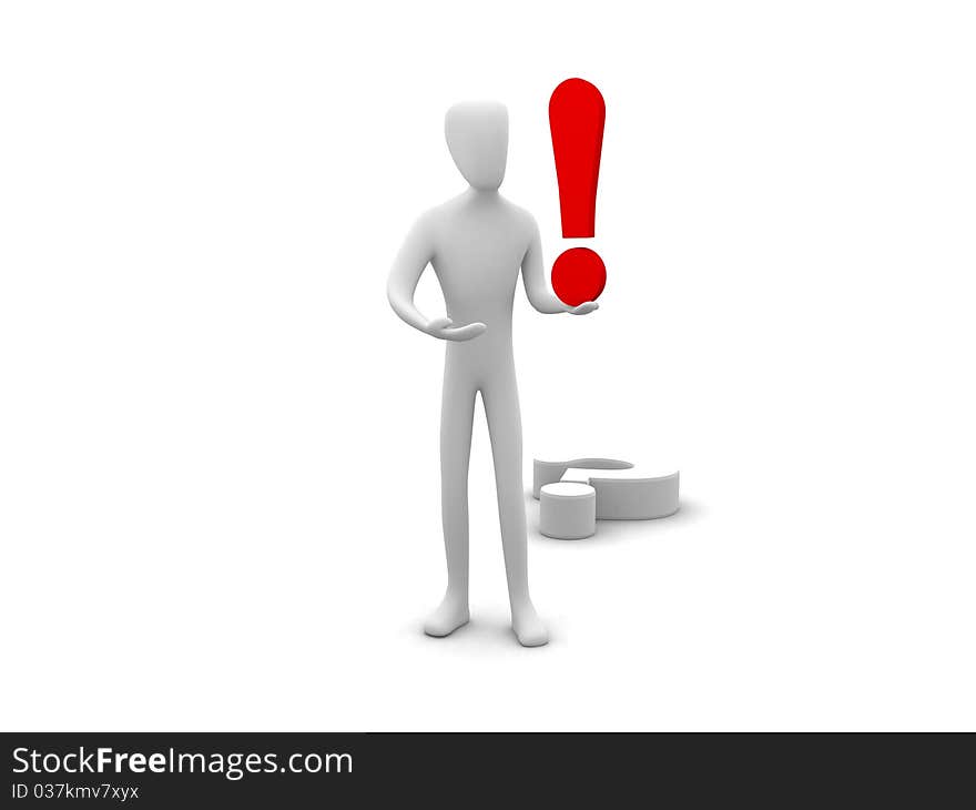 Image of an isolated 3d human with an exclamation mark