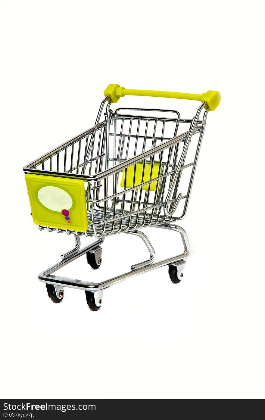 Chrome shopping trolley with green plastic. Isolated on white. All image in focus.