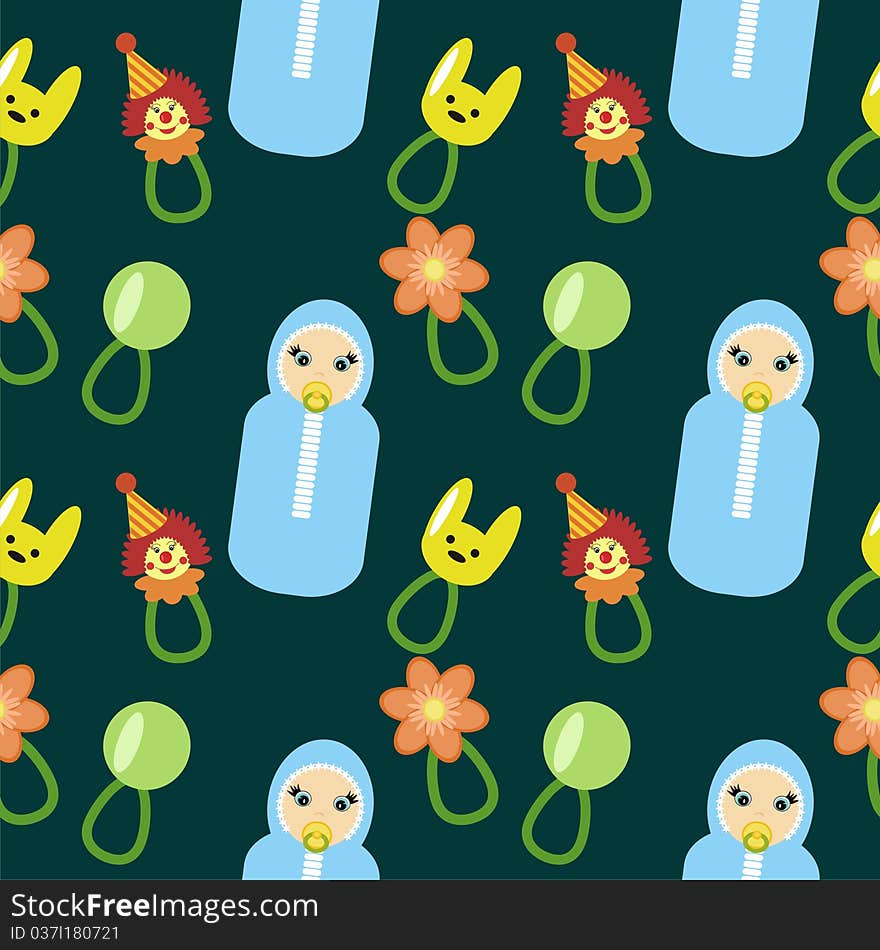 Seamless background with babies and rattles