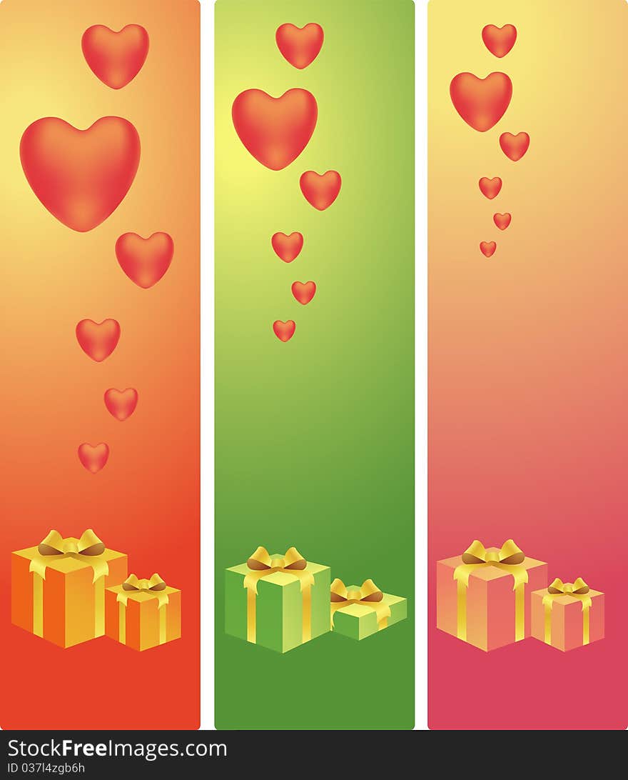 Hearts and presents on colorful backgrounds