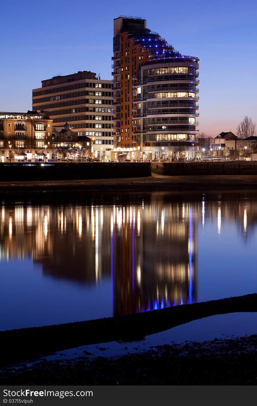 Building at night by River Thames