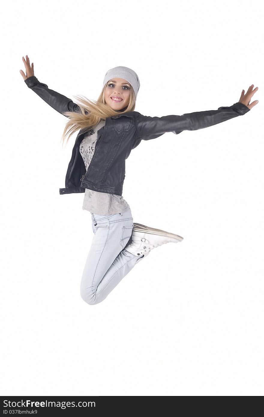 Glamour girl in air, on a white background, focus on eyes