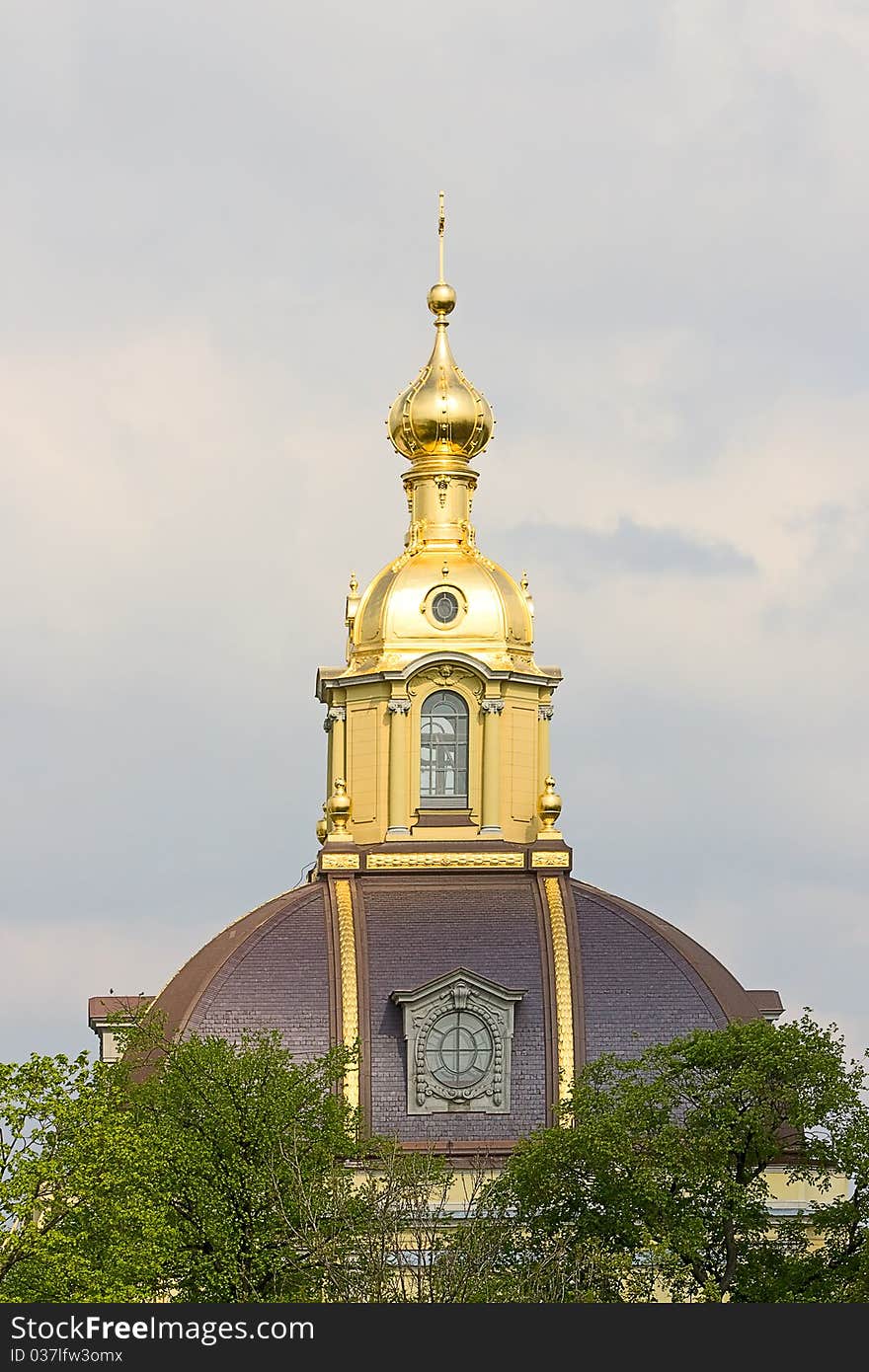 View of dome of church among trees, Saint Petersburg, Russia.