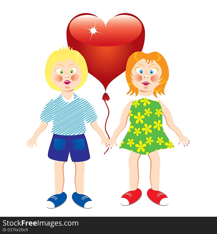 Girl and boy with a heart-shaped balloon. Girl and boy with a heart-shaped balloon.