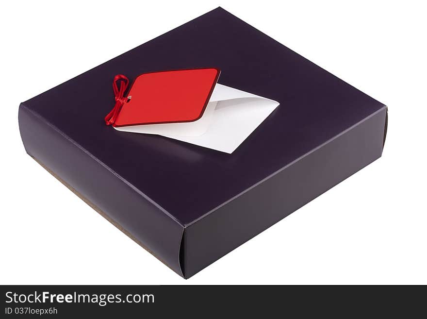 Gift box of darkly violet colour with a congratulatory card.