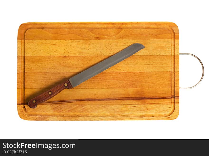 Kitchen knife on cutting board isolated on white background