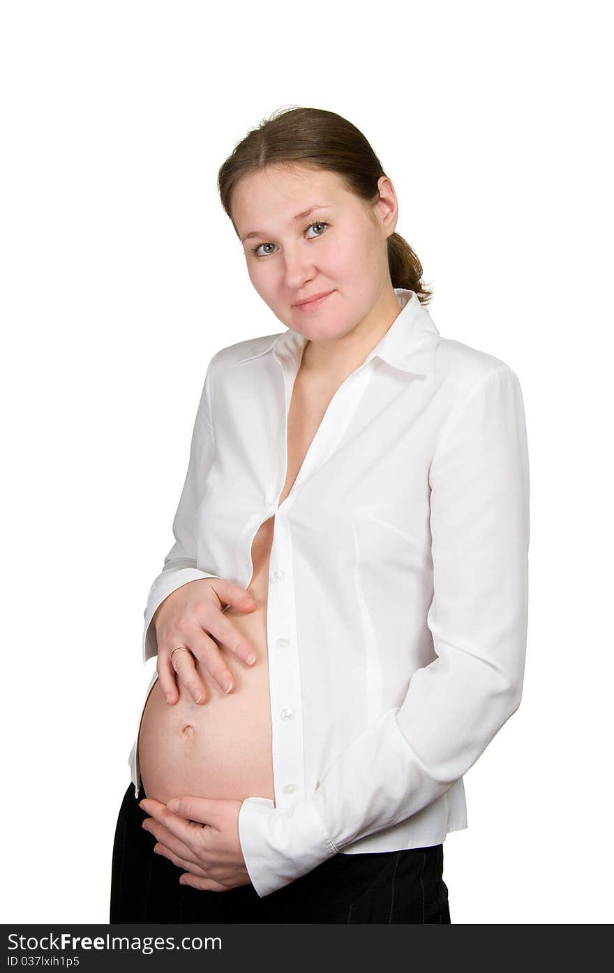 Portrait of adorable pregnant woman over white. Portrait of adorable pregnant woman over white