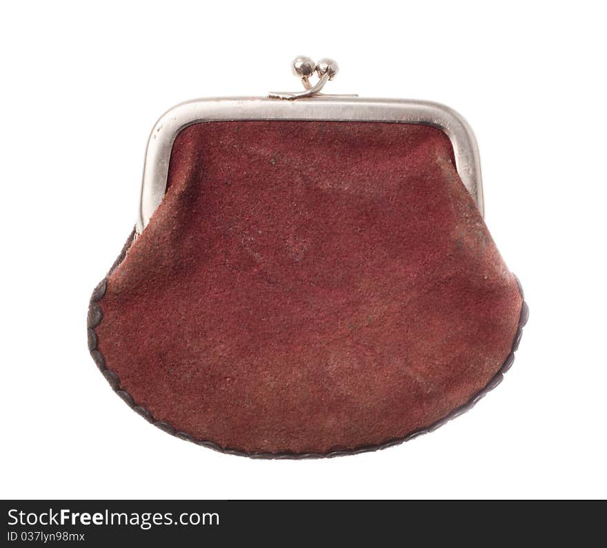 Old fabric purse with metal clasps, isolated on white background