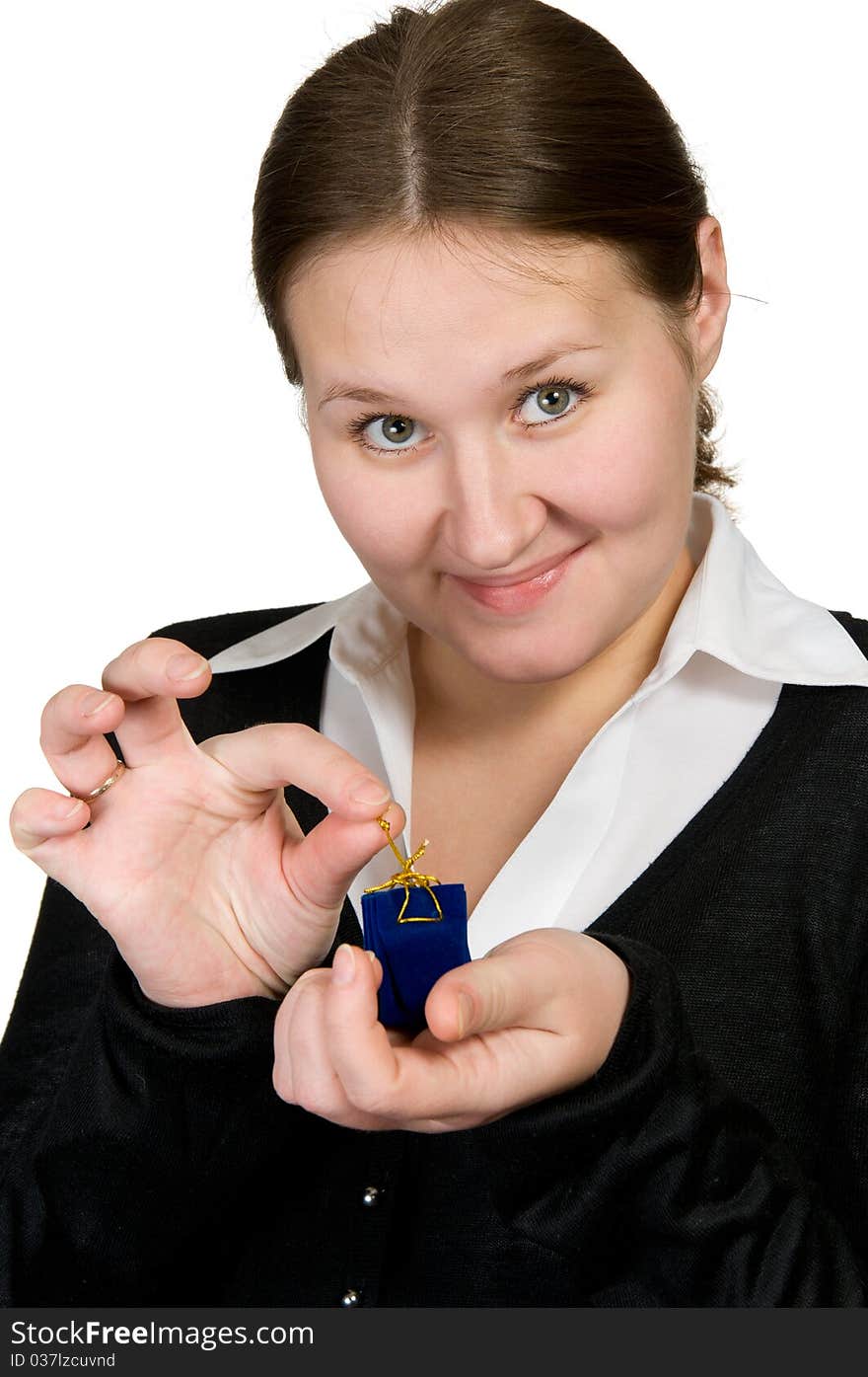 Young attractive woman with gift over white. Young attractive woman with gift over white