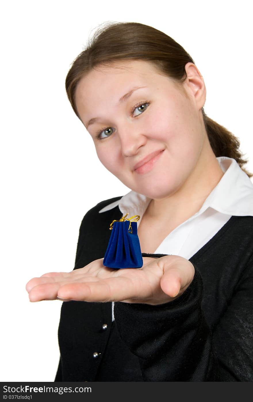 Portrait of attactive woman with gift (focus on bag). Portrait of attactive woman with gift (focus on bag)