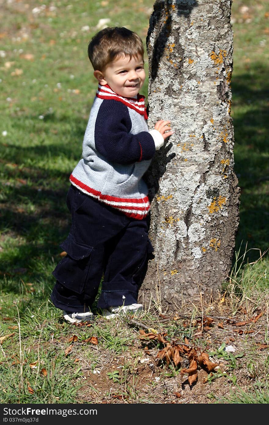 A little boy standing by a tree in the park. A little boy standing by a tree in the park.