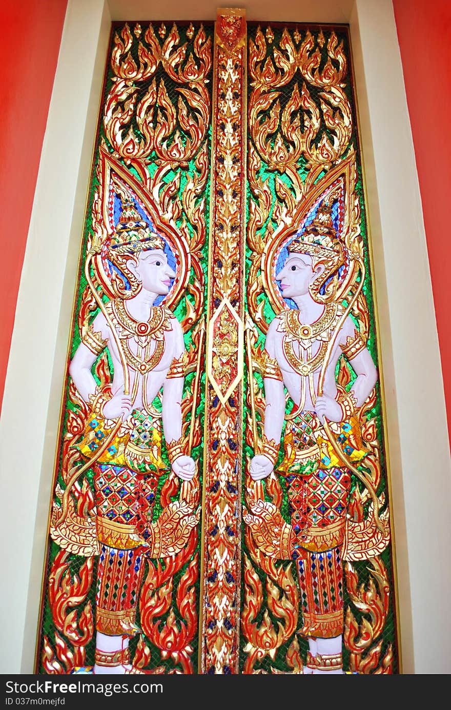 The character of thai literature on the door at the temple