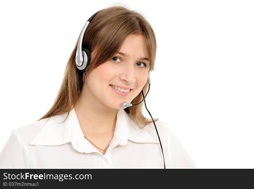 Young female customer service representative in headset, smiling  on a white background