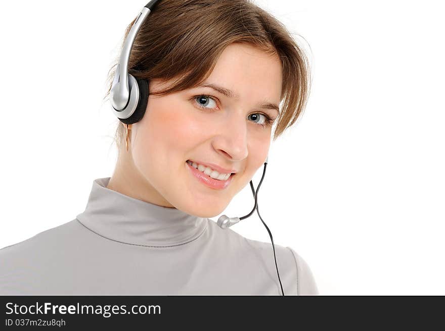 Young female customer service representative in headset, smiling on a white background