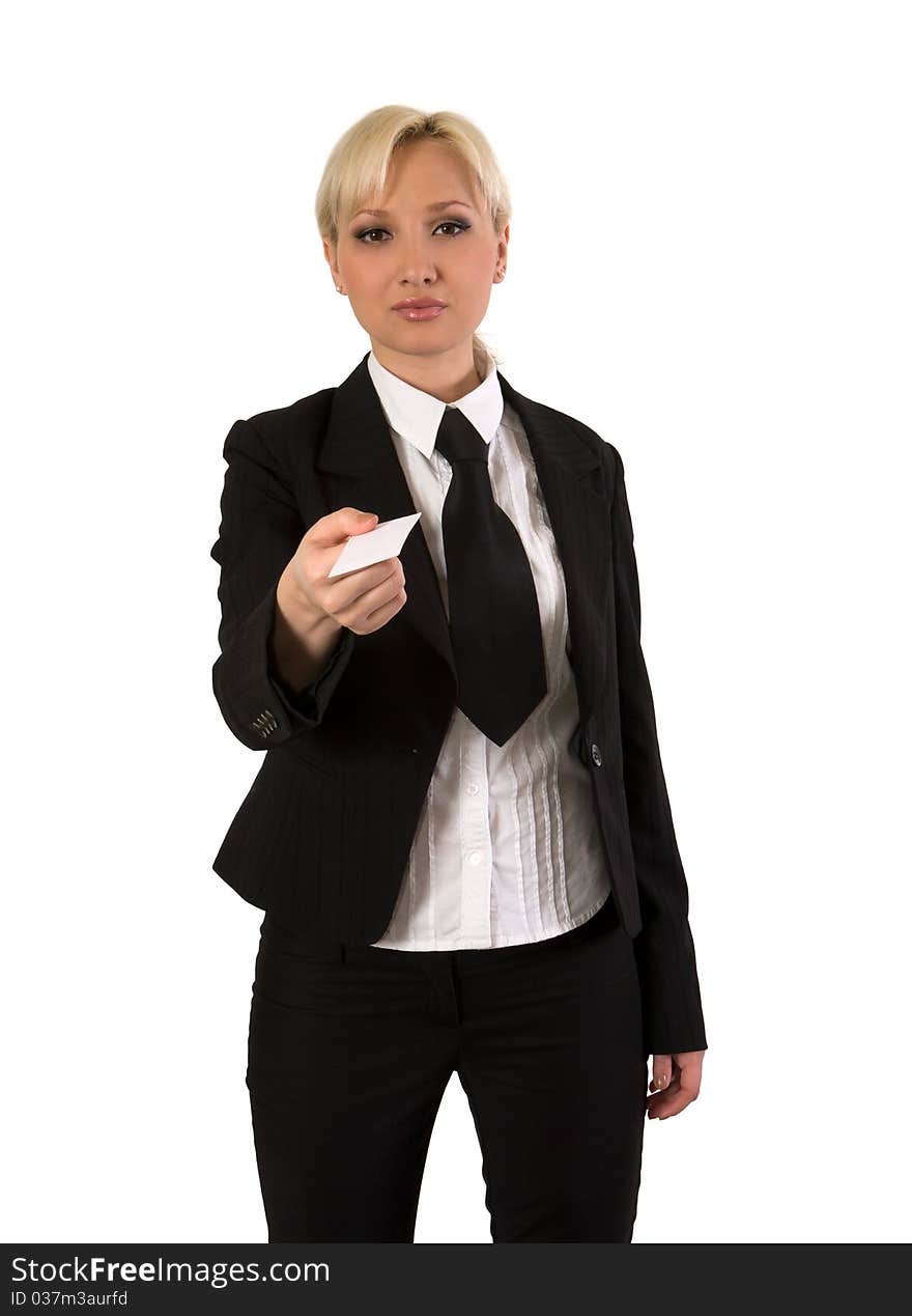 Blonde girl stretches out his hand with a business card. Blonde girl stretches out his hand with a business card.