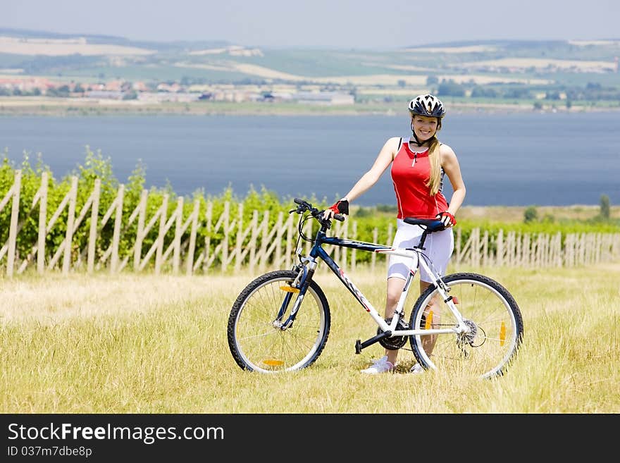 Biker near vineyard, Nove Mlyny dam, Czech Republic