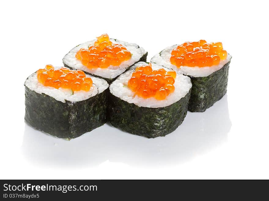 Sushi maki with  red caviar on white ground. Sushi maki with  red caviar on white ground