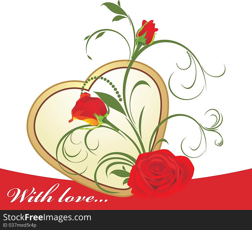 Red roses with floral ornament and golden heart. Illustration