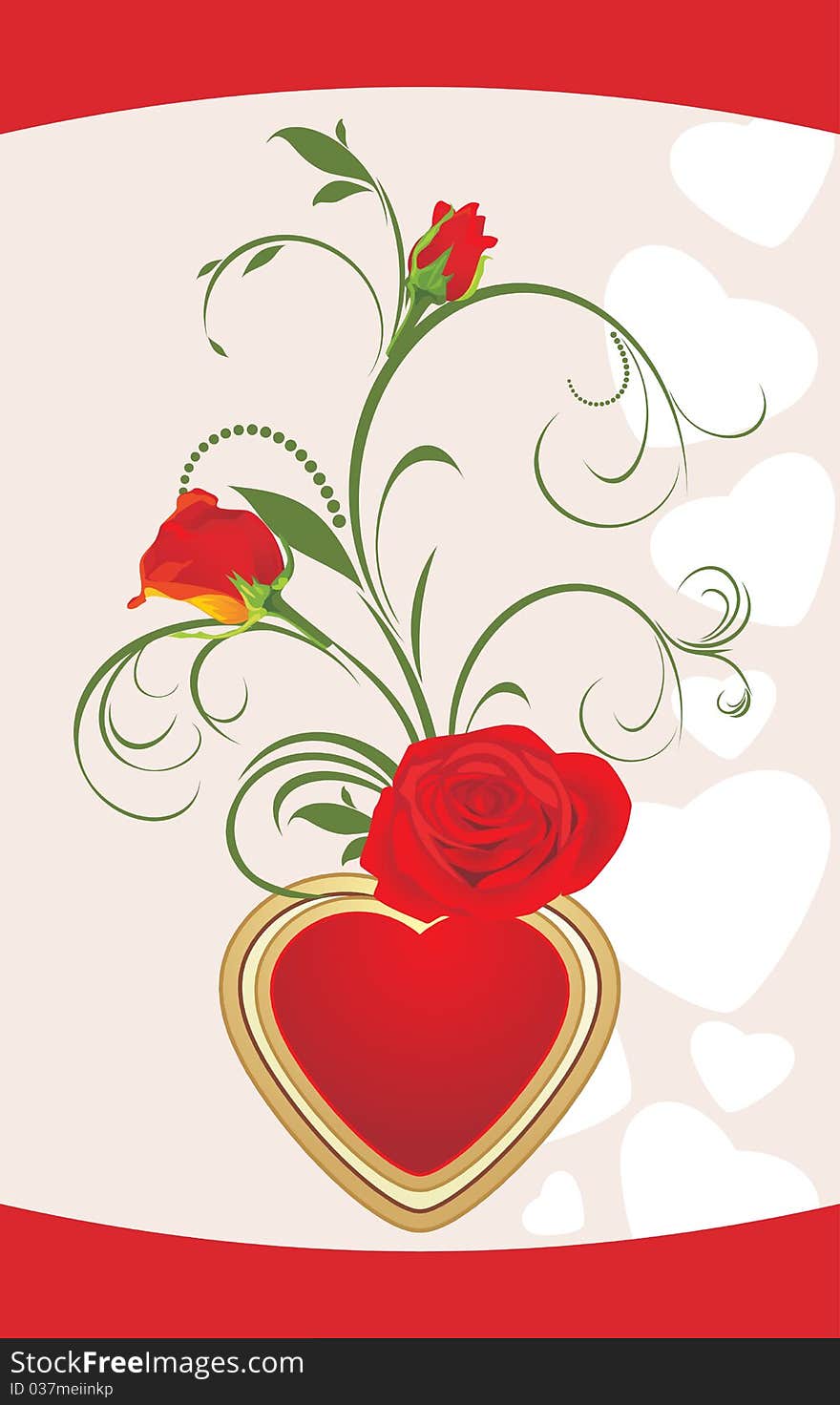 Red roses with floral ornament and heart. Card