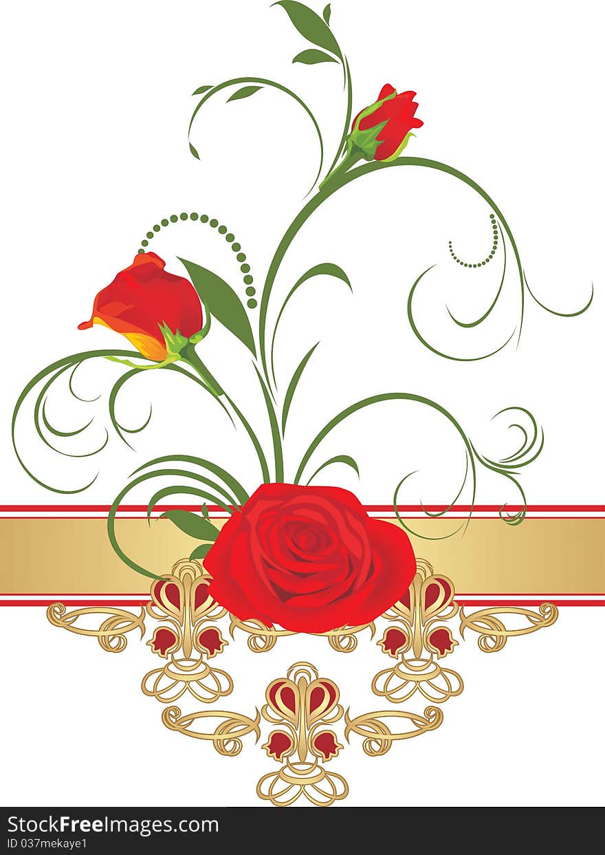 Red roses with floral ornament. Retro style. Illustration