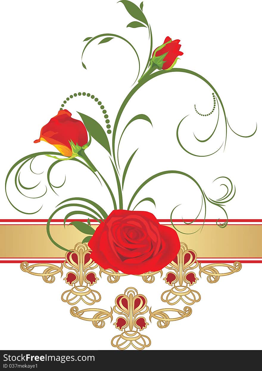 Red Roses With Floral Ornament. Retro Style