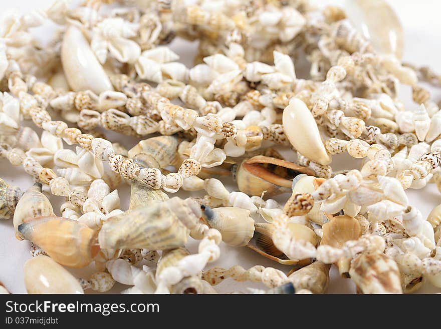 Close up of shell necklaces. Close up of shell necklaces.