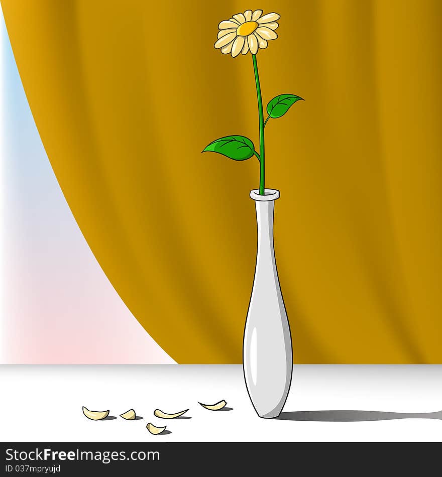 Cartoon flower in vase with curtain on background