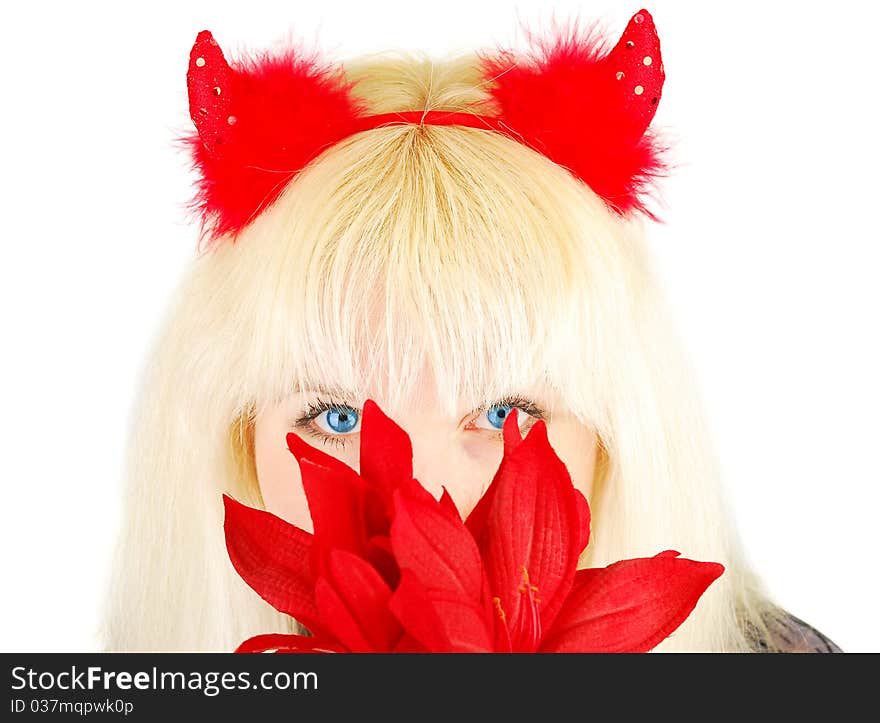 Nice blond Evil girl with blue eyes portret isolated on the white background. Studio shoot.