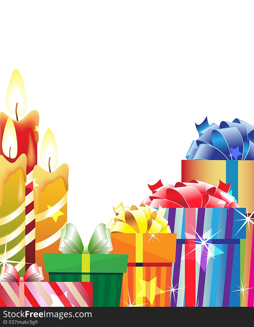 Burning Candles And Bright Gift Boxes