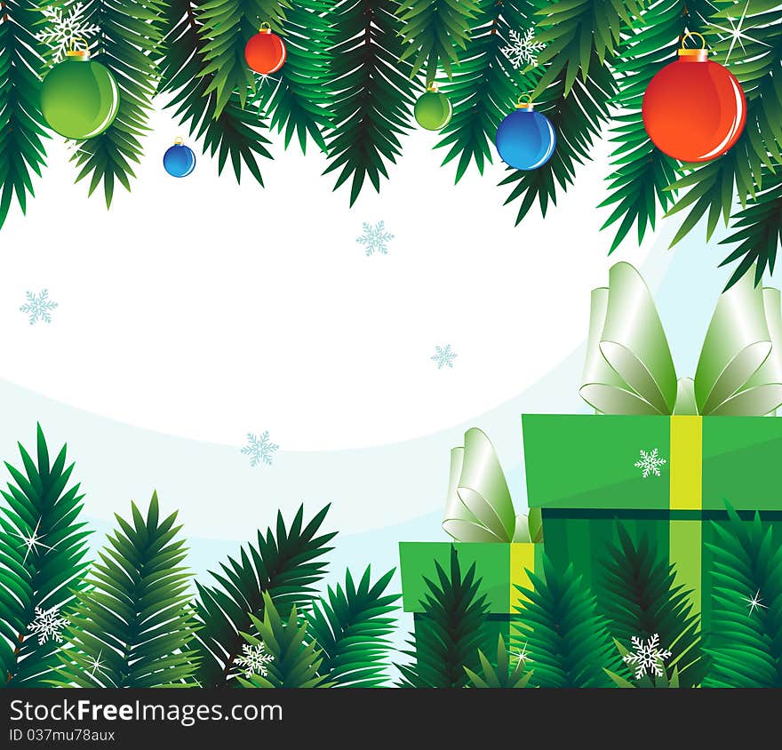 Spruce branches and decorations on a white background. Spruce branches and decorations on a white background