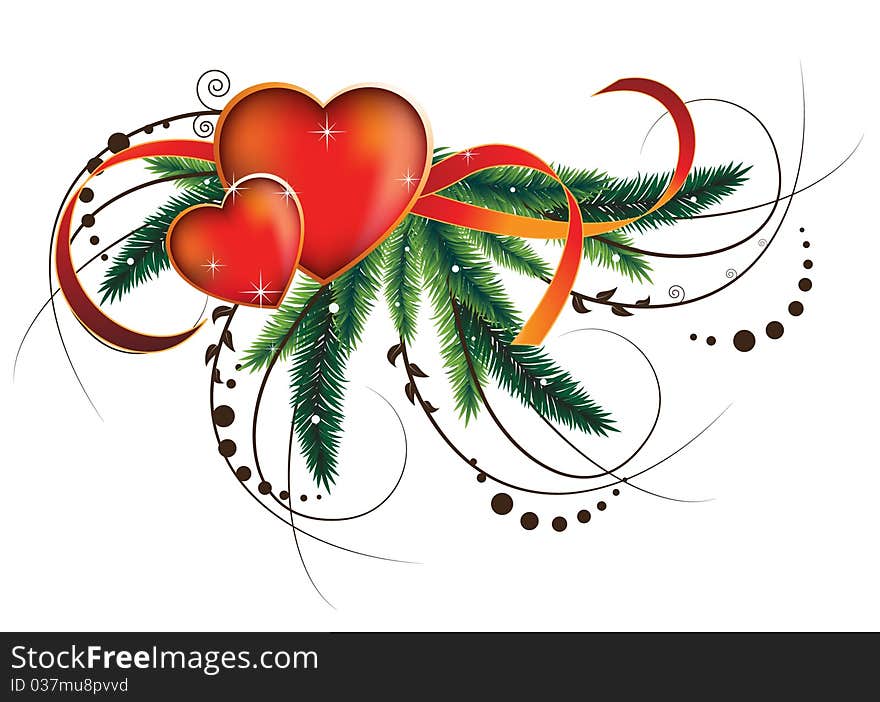 Two hearts and a ribbon on the vegetation background. Two hearts and a ribbon on the vegetation background