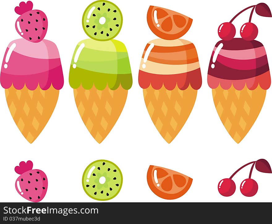 Bright fruit ice-cream cone. Bright fruit ice-cream cone