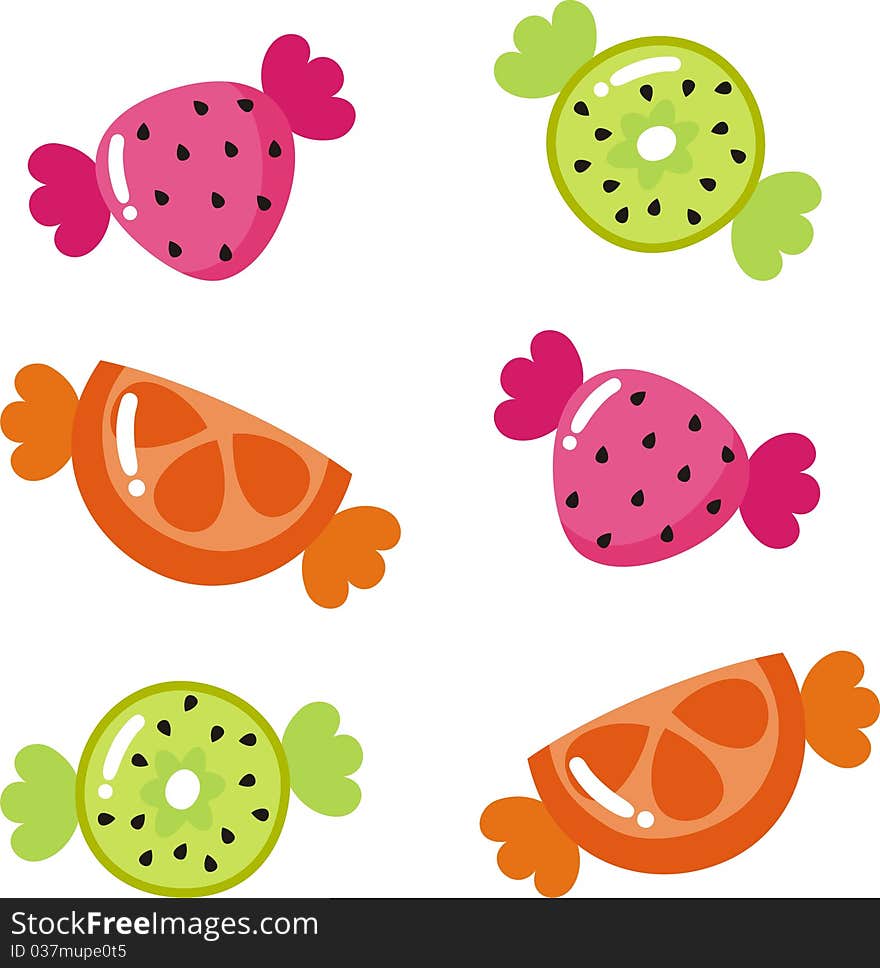 Six brightly colored fruit sweets. Six brightly colored fruit sweets