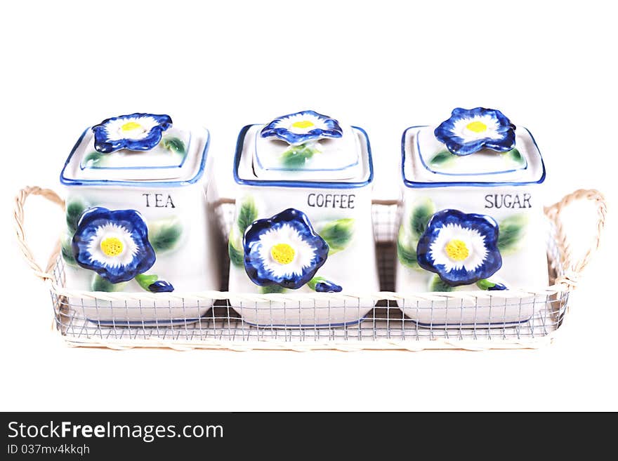 Set of faience utensils on a white background. Set of faience utensils on a white background