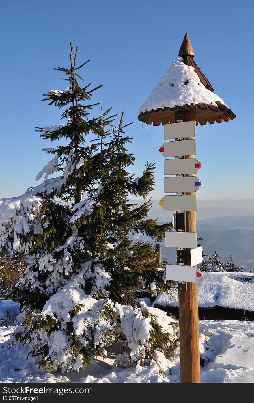 Mountain sign post in beskydy mountains