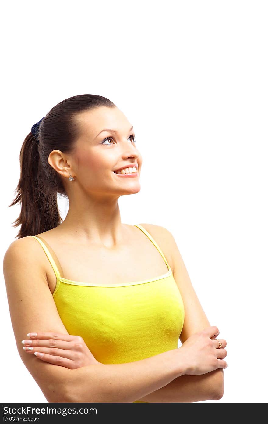 Portrait of a smiling thinking woman looking up - isolated on white