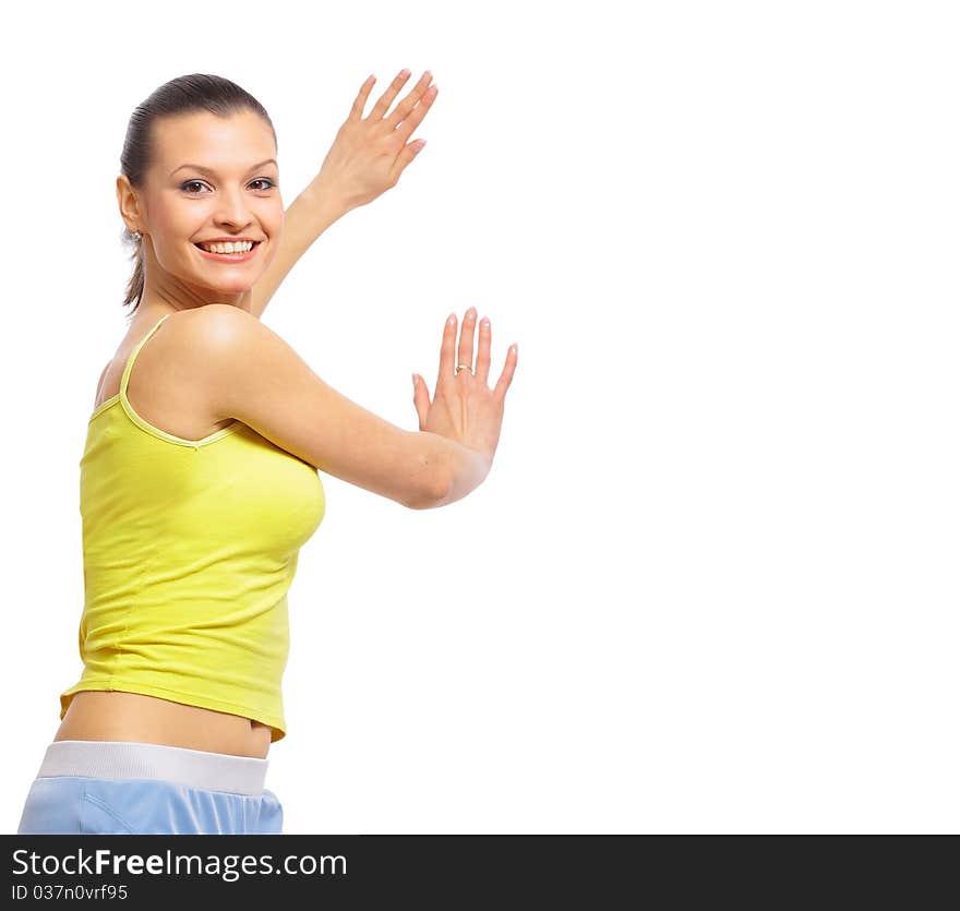 Portrait of a smiling young woman with blank bill board over white background