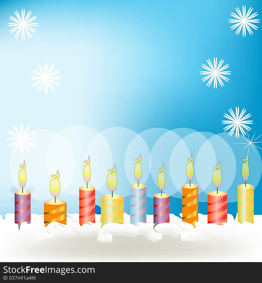 Celebratory candles on a pie with a cream.Vector background